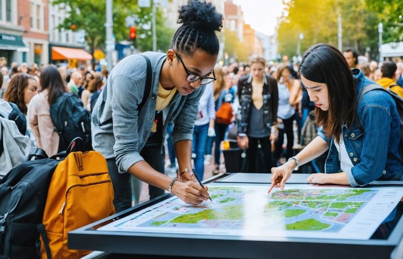 "A diverse group of people engaged in a community design workshop, collaborating around digital and traditional planning tools to contribute to urban development."