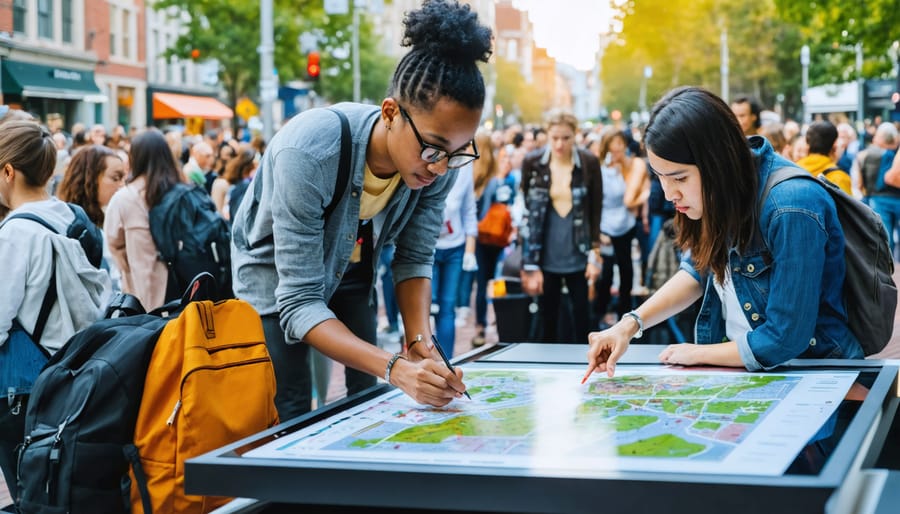 "A diverse group of people engaged in a community design workshop, collaborating around digital and traditional planning tools to contribute to urban development."