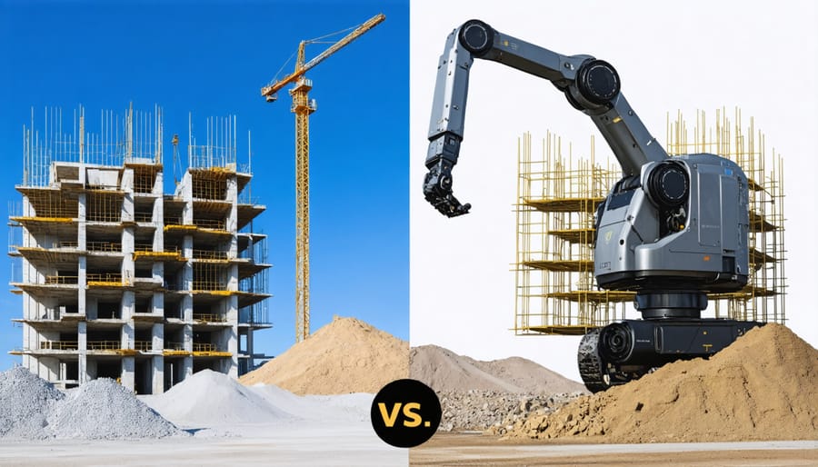 Side-by-side comparison of manual construction workers and automated robotic systems performing similar tasks