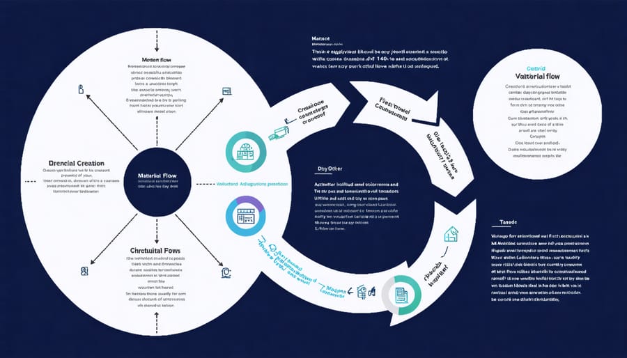 Complex circular flow diagram illustrating the interconnected cycles of materials, money, and value in construction