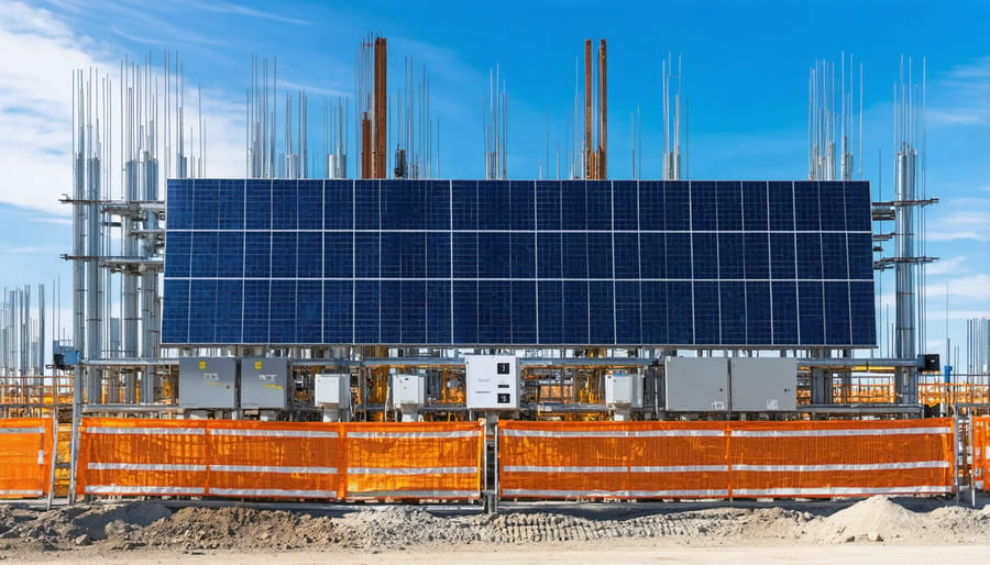 Active construction site with visible energy monitoring equipment and digital displays