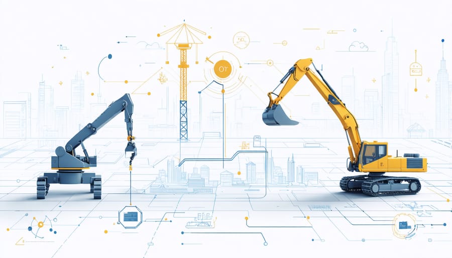 Digital representation of multiple construction robots connected through IoT network with data visualization overlay