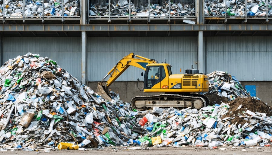 Construction workers separating and processing materials for reuse on a building site