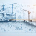 A conceptual illustration depicting the strategic framework of construction project procurement management, with gears and icons representing planning, vendor selection, contract management, and risk mitigation, all forming the shape of a construction site.