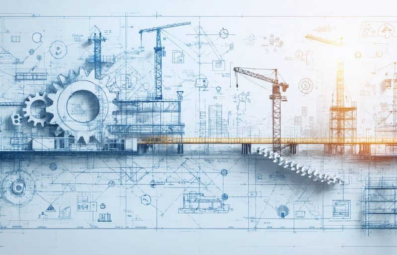 A conceptual illustration depicting the strategic framework of construction project procurement management, with gears and icons representing planning, vendor selection, contract management, and risk mitigation, all forming the shape of a construction site.