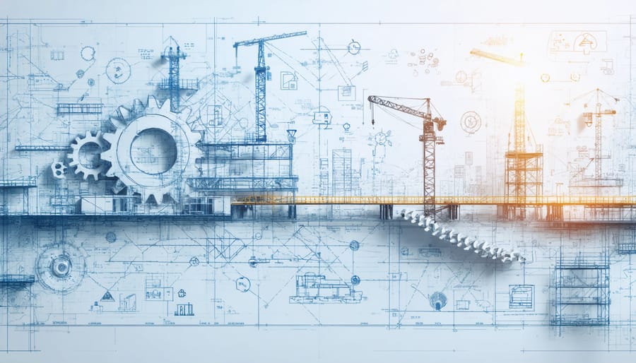 A conceptual illustration depicting the strategic framework of construction project procurement management, with gears and icons representing planning, vendor selection, contract management, and risk mitigation, all forming the shape of a construction site.