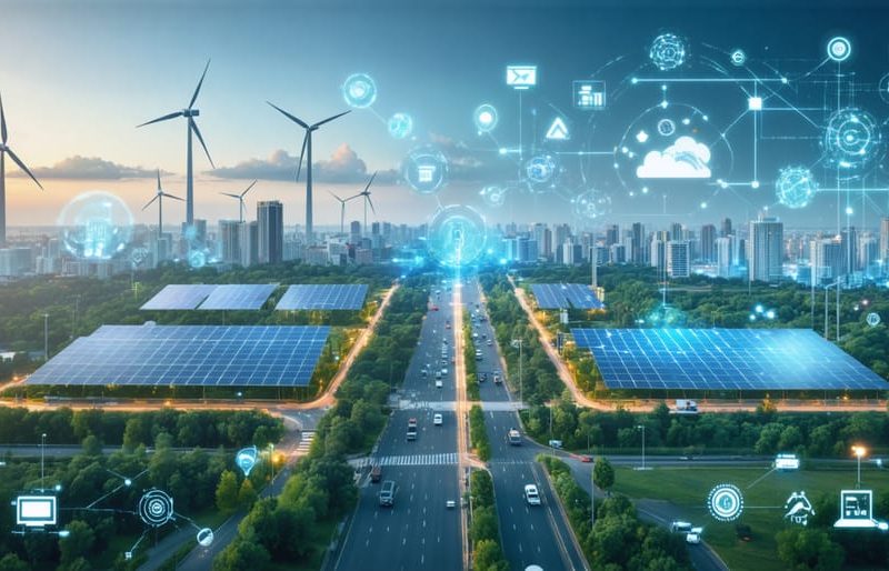 Illustration representing the transition from traditional centralized power systems to decentralized energy solutions with solar panels, wind turbines, battery storage, and smart grids in a modern urban setting.