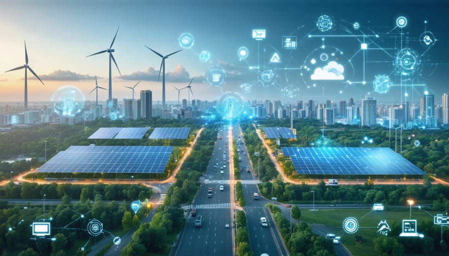 Illustration representing the transition from traditional centralized power systems to decentralized energy solutions with solar panels, wind turbines, battery storage, and smart grids in a modern urban setting.