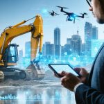 A vibrant and futuristic construction site bustling with autonomous machinery, drones, and digital overlays representing BIM and data analytics, depicting technological transformation in the construction industry.