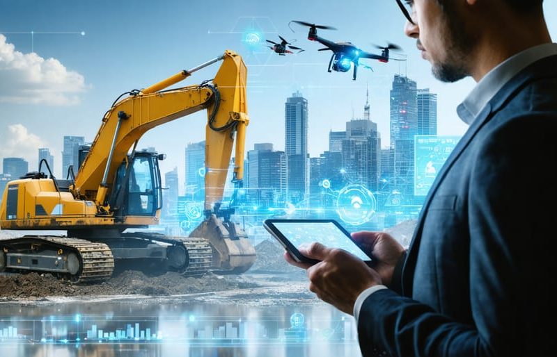 A vibrant and futuristic construction site bustling with autonomous machinery, drones, and digital overlays representing BIM and data analytics, depicting technological transformation in the construction industry.