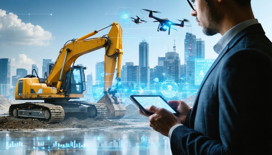 A vibrant and futuristic construction site bustling with autonomous machinery, drones, and digital overlays representing BIM and data analytics, depicting technological transformation in the construction industry.