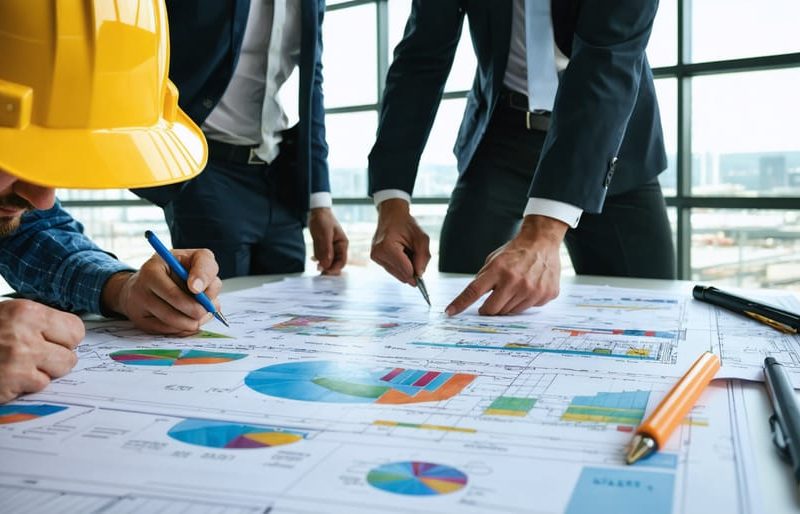 Construction professionals engaged in a risk management meeting, examining blueprints and risk matrices in a modern office setting.