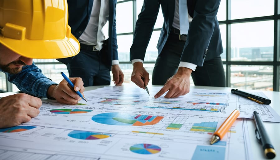 Construction professionals engaged in a risk management meeting, examining blueprints and risk matrices in a modern office setting.