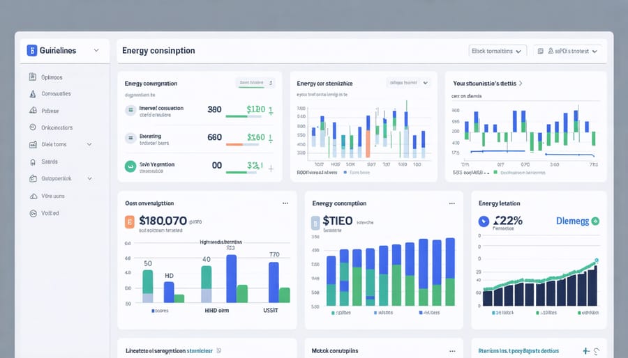 Digital dashboard displaying construction site energy usage graphs and optimization recommendations