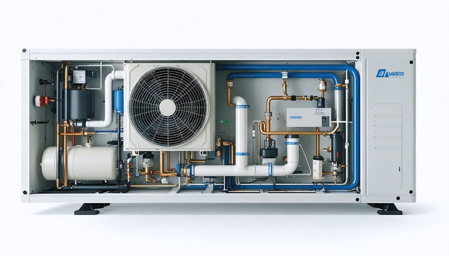 Technical illustration showing the key components and operation of a heat pump system