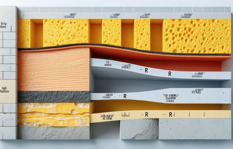 An illustrative cross-section of a building wall displaying different insulation materials with high R-value ratings, emphasizing thermal resistance and energy efficiency enhancement.