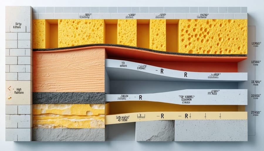 An illustrative cross-section of a building wall displaying different insulation materials with high R-value ratings, emphasizing thermal resistance and energy efficiency enhancement.