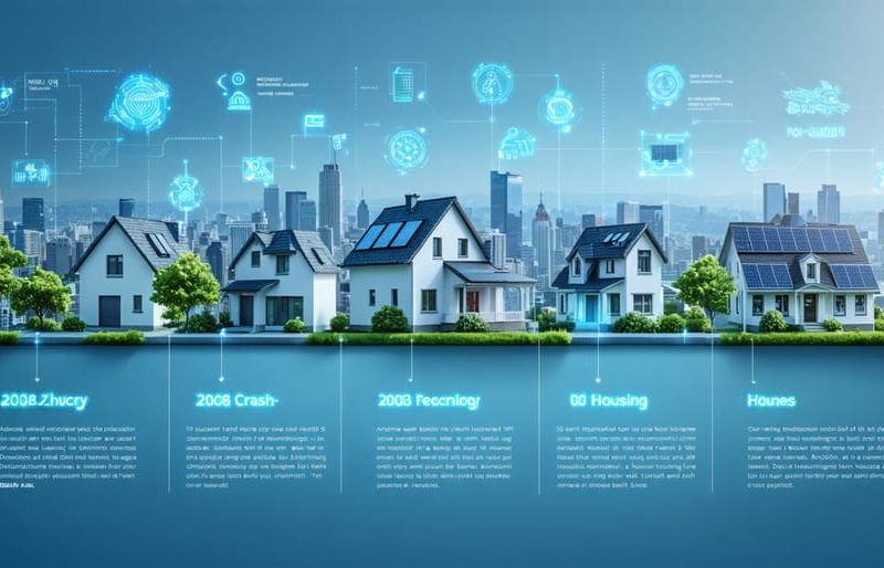 A timeline-styled skyline featuring smart homes and traditional houses with solar panels, representing the transformation and key events in the housing market from 2003 onwards, highlighting technology and sustainability trends.