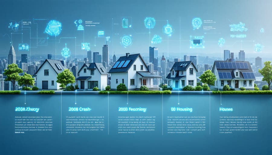 A timeline-styled skyline featuring smart homes and traditional houses with solar panels, representing the transformation and key events in the housing market from 2003 onwards, highlighting technology and sustainability trends.