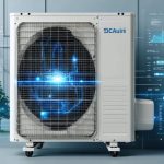 An illustration of a modern heat pump system highlighting energy efficiency metrics and smart control features, demonstrating the technological advancements in HVAC systems.