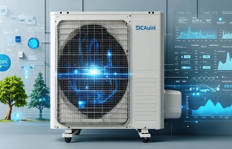 An illustration of a modern heat pump system highlighting energy efficiency metrics and smart control features, demonstrating the technological advancements in HVAC systems.