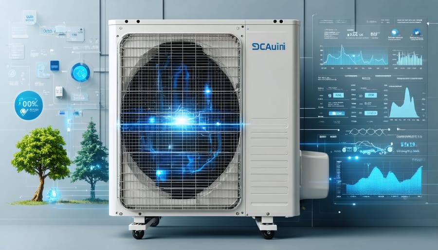 An illustration of a modern heat pump system highlighting energy efficiency metrics and smart control features, demonstrating the technological advancements in HVAC systems.