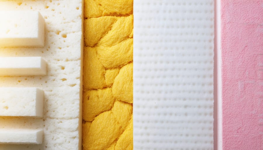 Side-by-side comparison of common building insulation materials showing texture and thickness