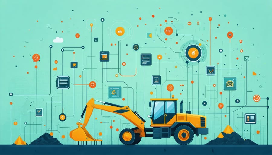 Construction equipment fitted with IoT sensors showing real-time monitoring data