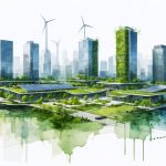 Futuristic city skyline showcasing several buildings with green roofs, solar panels, and eco-friendly facades, surrounded by elements of energy efficiency such as wind turbines and rainwater collection systems.