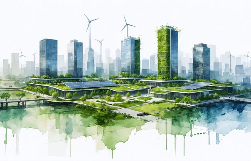 Futuristic city skyline showcasing several buildings with green roofs, solar panels, and eco-friendly facades, surrounded by elements of energy efficiency such as wind turbines and rainwater collection systems.