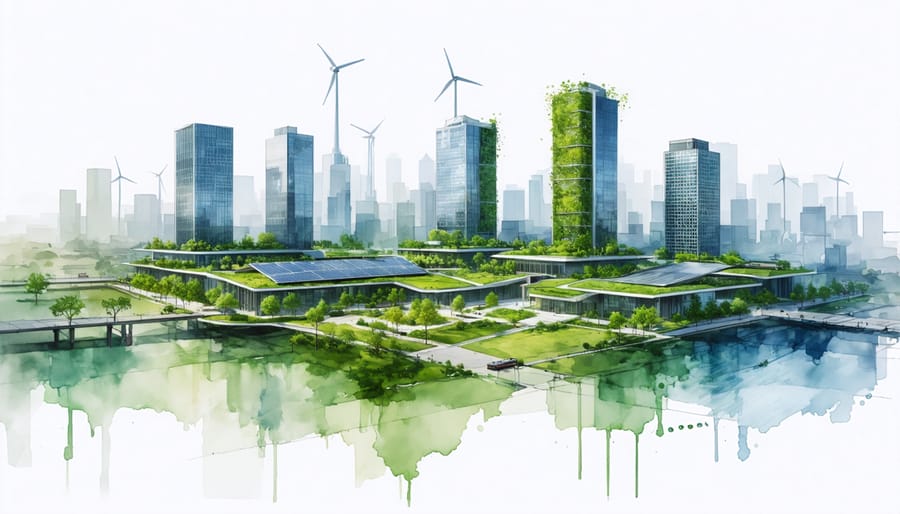 Futuristic city skyline showcasing several buildings with green roofs, solar panels, and eco-friendly facades, surrounded by elements of energy efficiency such as wind turbines and rainwater collection systems.