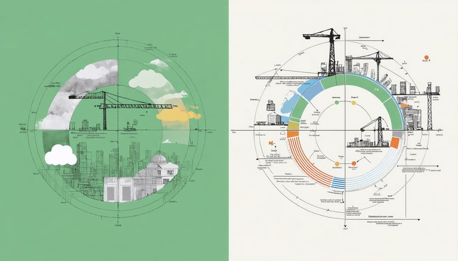 Comparison diagram showing traditional linear construction process versus circular construction economy model