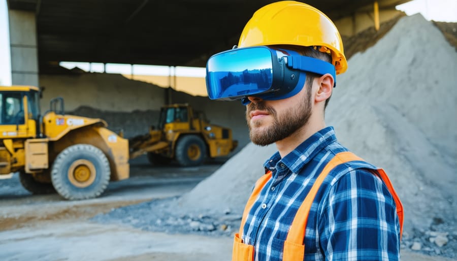 Site engineer wearing AR headset while viewing virtual overlays of construction plans