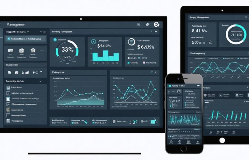 "Modern property management software interface showing real-time analytics, automation tools, and seamless data integration across multiple devices."