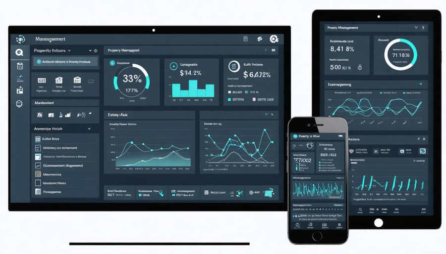 "Modern property management software interface showing real-time analytics, automation tools, and seamless data integration across multiple devices."