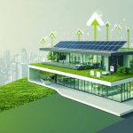 Architectural rendering of a net-zero energy building with solar panels and a green roof, showcasing sustainable design elements and energy flow illustration.