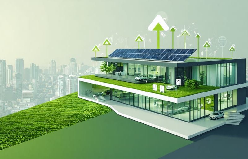 Architectural rendering of a net-zero energy building with solar panels and a green roof, showcasing sustainable design elements and energy flow illustration.