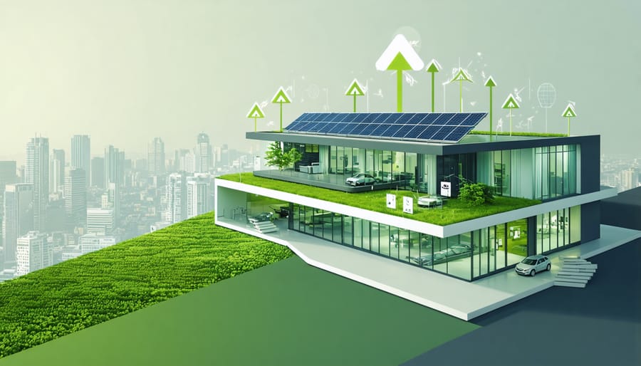 Architectural rendering of a net-zero energy building with solar panels and a green roof, showcasing sustainable design elements and energy flow illustration.