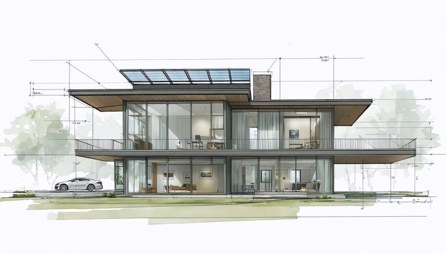 Cross-section diagram of a building demonstrating passive climate control design elements