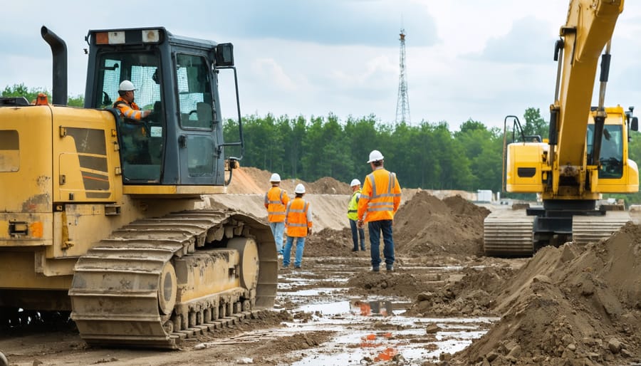 Public and private sector representatives reviewing construction plans on-site