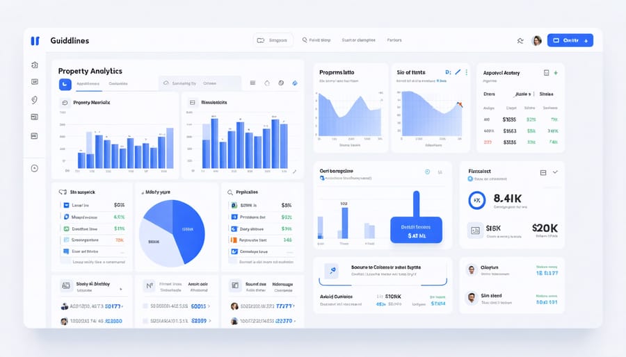 Modern property management software dashboard displaying real-time analytics and financial data