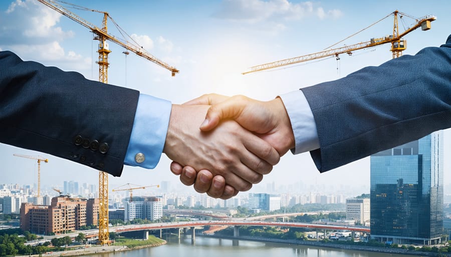 Illustration of a handshake between a government official and a private sector executive with a construction-focused cityscape in the background, representing collaboration in public-private partnerships for infrastructure development.