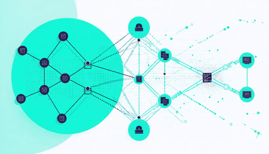 Abstract visualization of quantum blockchain architecture showing quantum bits and cryptographic connections