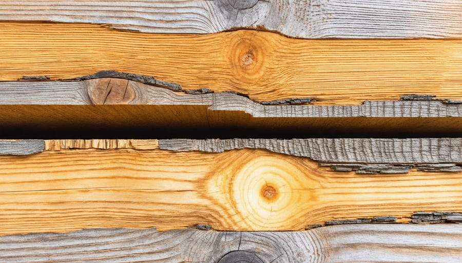 Detailed view of layered engineered wood beam constructed from recycled lumber materials