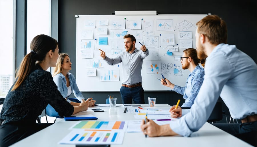 Construction professionals gathered around a table with sticky notes and whiteboards during risk identification meeting