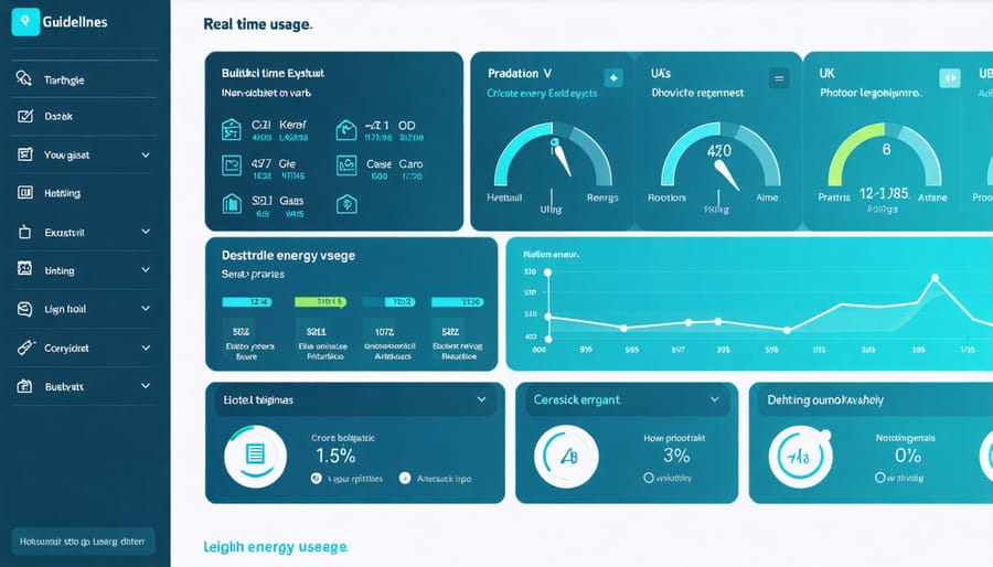 Digital dashboard displaying building performance metrics and energy management controls