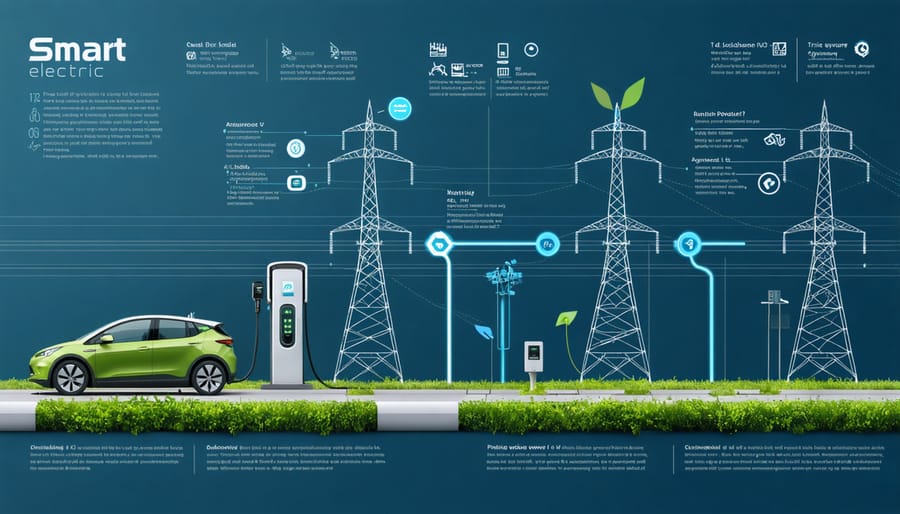 Infographic depicting the interaction of smart electric vehicles with power grid systems, illustrating bidirectional power flow between EVs, homes, and the grid, with digital displays showing energy metrics.