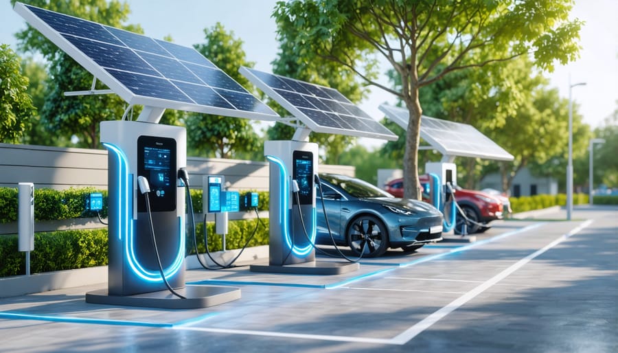 Modern EV fleet charging facility integrated with renewable energy systems