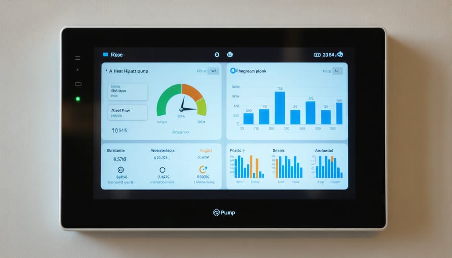 Mobile app interface showing heat pump monitoring and smart control features