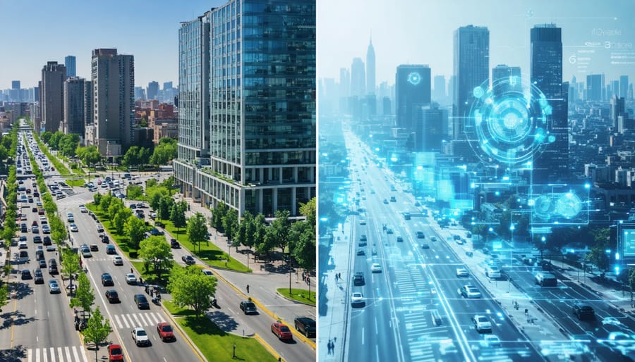 An illustrative comparison between traditional city planning with grid streets and cars versus a modern smart city with green spaces, smart buildings, and advanced transportation technologies.